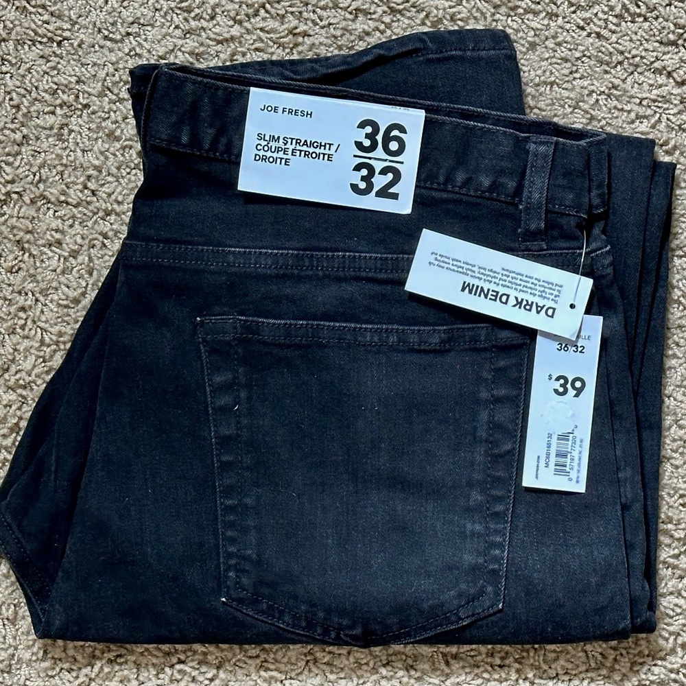 NWT Men's JOE FRESH Black Dark Denim Jeans Slim Straight Cut 36 x 32